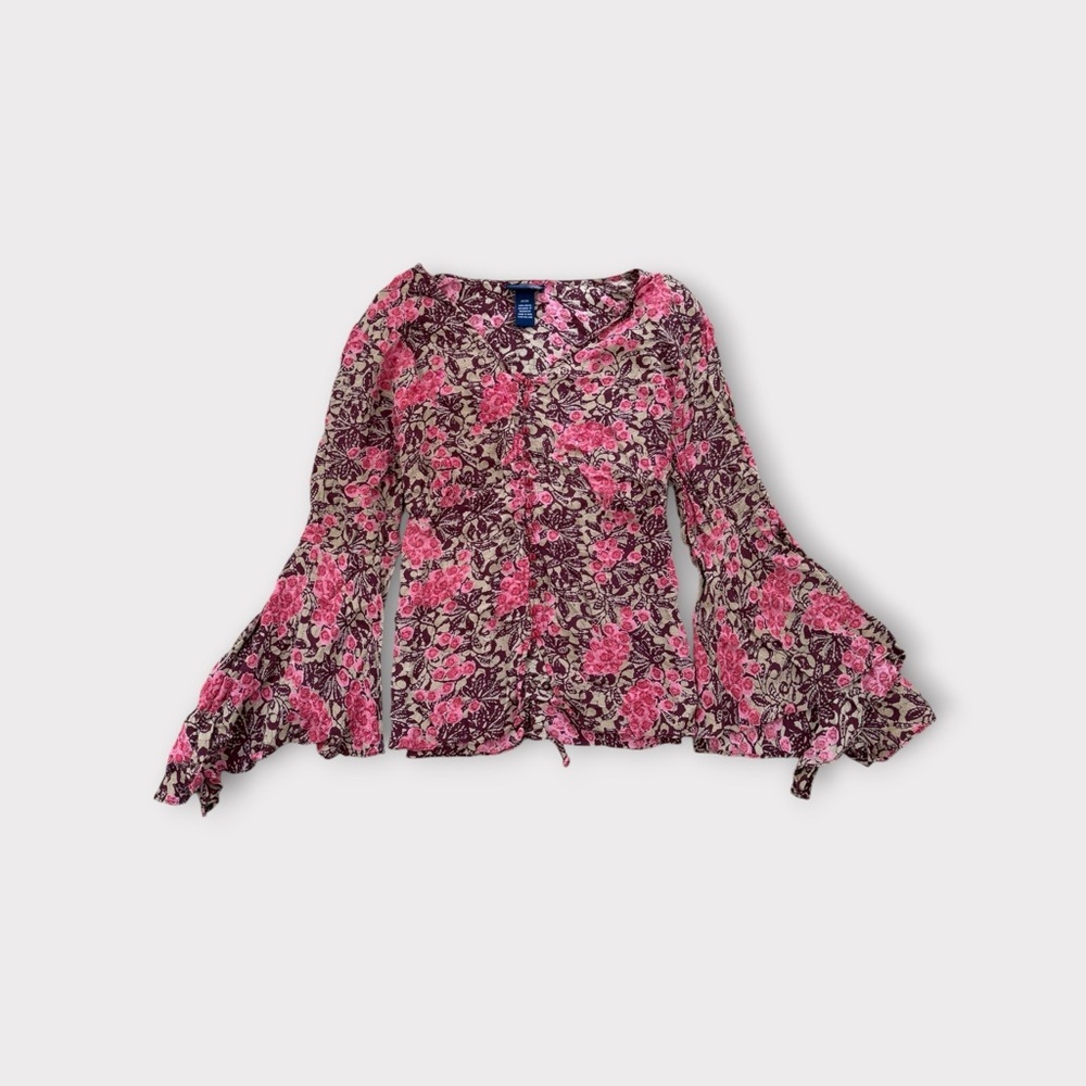 • Y2K Venezia Jeans Boho Beaded Floral Flared Sleeves Blouse